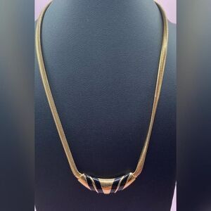 Avon Gold Tone Black Enamel Crescent Bib Collar Necklace Women Herringbone Chain